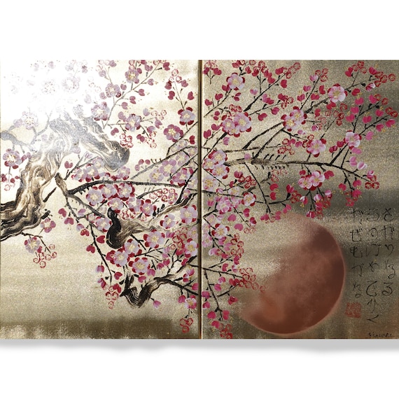 Cherry blossom - Japanese style painting J379 Gold paintings Japan art stretched canvas acrylic wall art by artist Ksavera