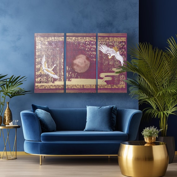 Japanese crane J386 by artist Ksavera - large triptych, original japanese style paintings