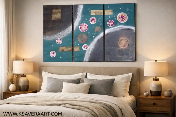 Large textured abstract paintings A021 teal rusty iron triptych by artist Ksavera