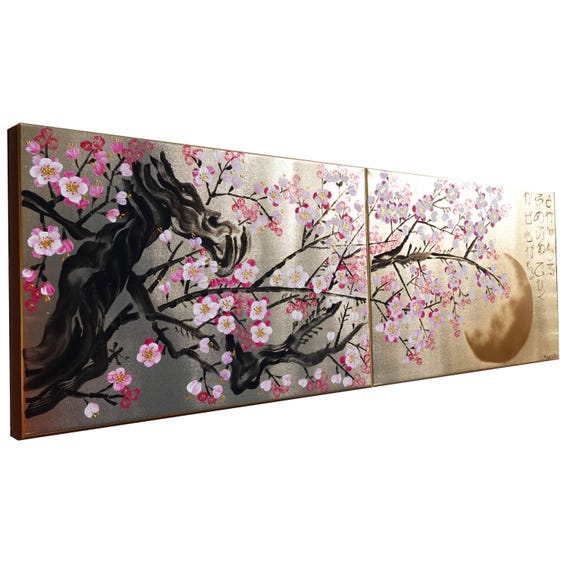 Japanese sakura J367 by artist Ksavera - diptych, original acrylic painting on gold canvas, japanese style paintings. READY to HANG.
