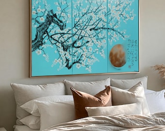 Japanese Sakura J306 - cherry blossom triptych - large original acrylic painting in turquoise by the artist Ksavera.