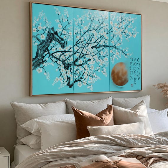 Japanese Sakura J306 - cherry blossom triptych - large original acrylic painting in turquoise by the artist Ksavera. 