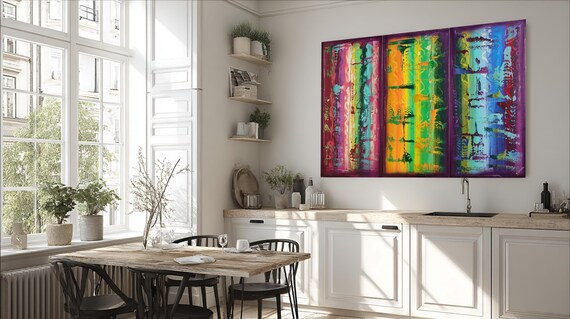 Abstract Violet Rainbow Triptych A841 Expressionism Modern Wall Art by Ksavera