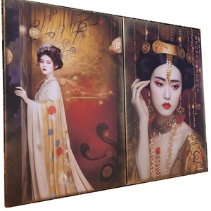 May include: Two paintings of women in traditional Asian clothing. The woman on the left is wearing a gold and white robe with red and blue flowers. The woman on the right is wearing a gold and black robe with a gold crown and red jewelry. The text on the right painting says "恋のやがて終えたばかり".