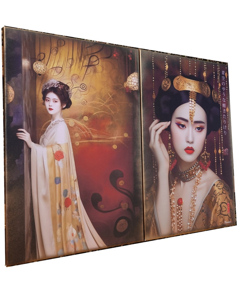 May include: Two paintings of women in traditional Asian clothing. The woman on the left is wearing a gold and white robe with red and blue flowers. The woman on the right is wearing a gold and black robe with a gold crown and red jewelry. The text on the right painting says "恋のやがて終えたばかり".
