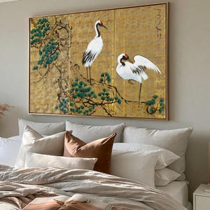 Gru giapponesi - Immagini di grande formato - Arte giapponese Dipinti in stile giapponese J093 Arte 100 x 150 cm Dipinti acrilici dorati dell'artista Ksavera