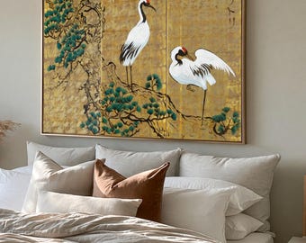 Japanese cranes  サムハラ Samuhara Japan art Japanese style painting J093 Large paintings art 100x150x2 cm gold wall art by artist Ksavera