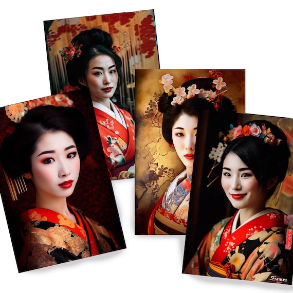 Japanese geisha DS0273 by Ksavera - Digital print set of 4 - synthography fine art prints - Printed on glossy premium fine art photo paper