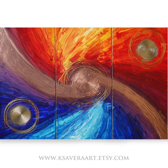 Colorful triptych textured Abstract painting A321 Acrylic Original Contemporary Art for Lounge, Office or above sofa by artist Ksavera