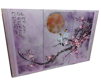Flor de cerezo y pájaros del amor J358 - Arte japonés - Pinturas de estilo japonés - Pinturas acrílicas originales de gran formato del artista Ksave