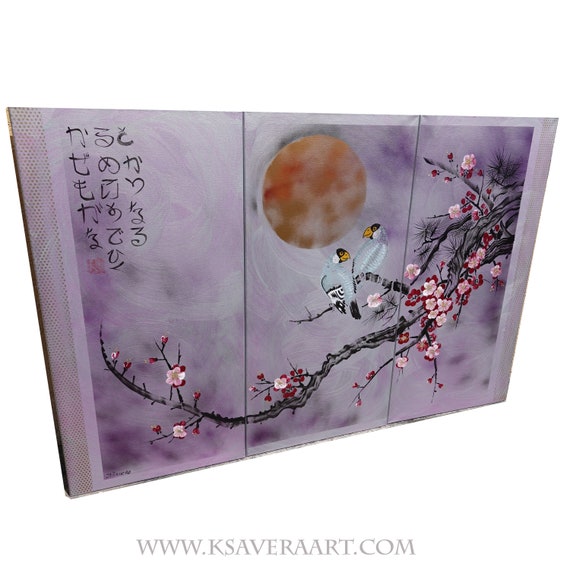 Japanese sakura J358 - triptych - Large paintings - Japan art - cherry blossom - love birds - acrylic paintings - wall art by artist Ksavera