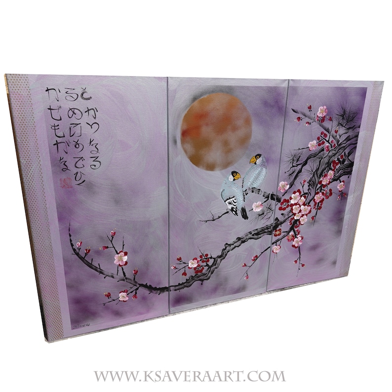 May include: A three-panel painting depicting a Japanese-inspired scene with two birds perched on a blossoming plum branch. The background is a soft purple with a large, orange moon. The painting includes Japanese calligraphy that reads "と き の か ぎ り で せ か い が き れ い で あ る"