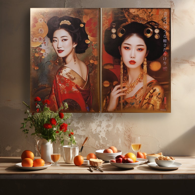 Japanese gold geisha DS0666 by artist Ksavera set of 2 giclee prints on stretched canvas, black or gold edges. READY to HANG diptych image 9