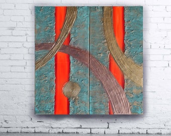 mid century modern art A291 copper patina hot orange Abstract Painting vertical textured wall art Original Contemporary Art by Ksavera