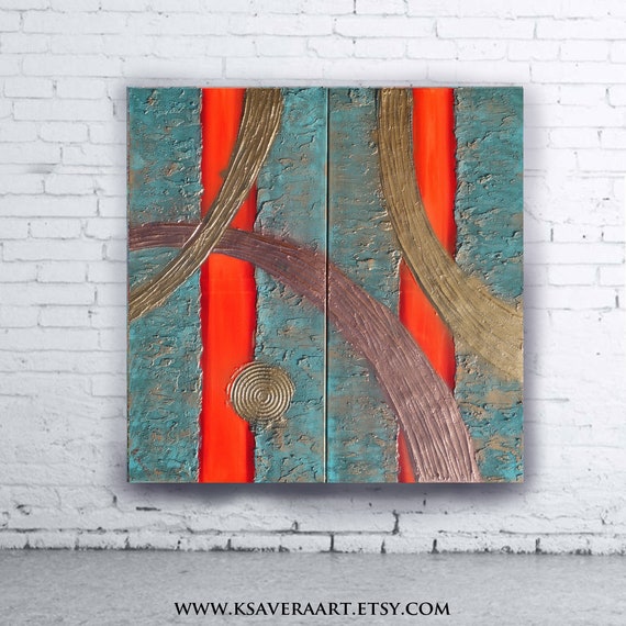 mid century modern art A291 copper patina hot orange Abstract Painting vertical textured wall art Original Contemporary Art by Ksavera