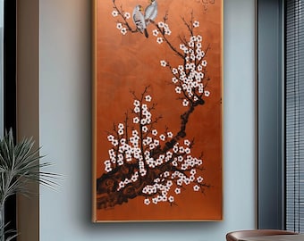 Love Birds and Sakura J533 | Large Vertical Copper Japanese Painting | Ksavera