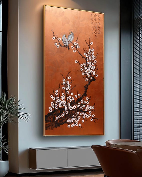 Love Birds and Sakura J533 | Large Vertical Copper Japanese Painting | Ksavera