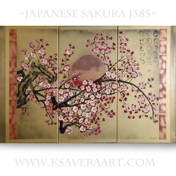 Cherry blossom - Japanese style painting J385 Gold paintings Japan art stretched canvas acrylic wall art by artist Ksavera