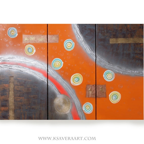 Large textured paintings orange silver rusty 100x150 cm  abstract art A022 by Ksavera