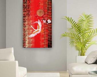 Japanese crane sun Japan Hieroglyph red original artwork in japanese style J116 wall art by artist Ksavera