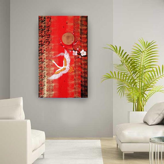 Japanese crane sun Japan Hieroglyph red original artwork in japanese style J116 wall art by artist Ksavera