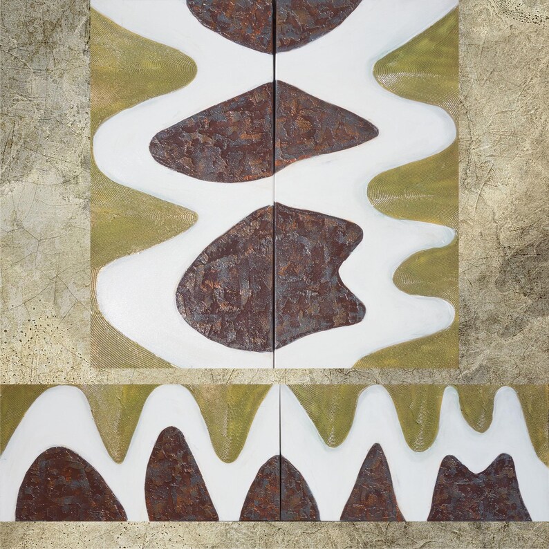 The image is a collage of abstract artworks featuring various shapes and textures, including organic and geometric forms. The artworks are arranged in a way that creates a visually striking and dynamic composition.