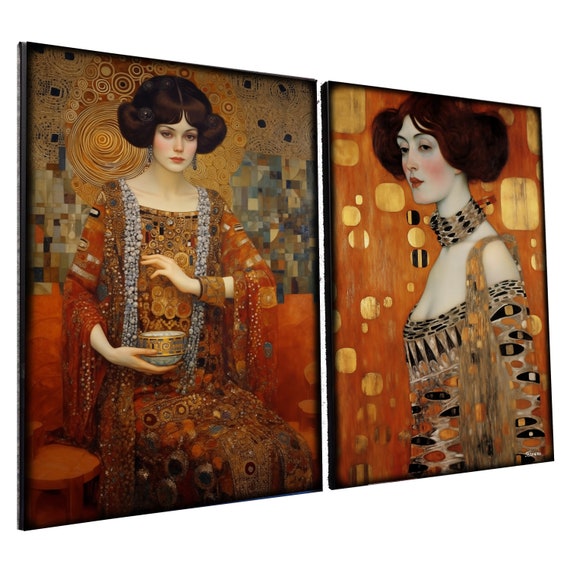 Belle Epoque DS0251 by artist Ksavera - set of 2 giclee prints on stretched canvas, black or gold edges. READY to HANG - diptych - Klimt