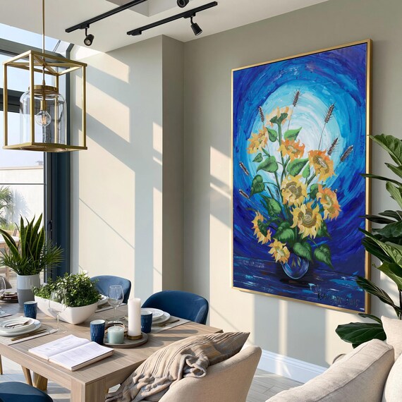 Sunflowers Acrylic Painting B047, Blue Floral Canvas by Ksavera