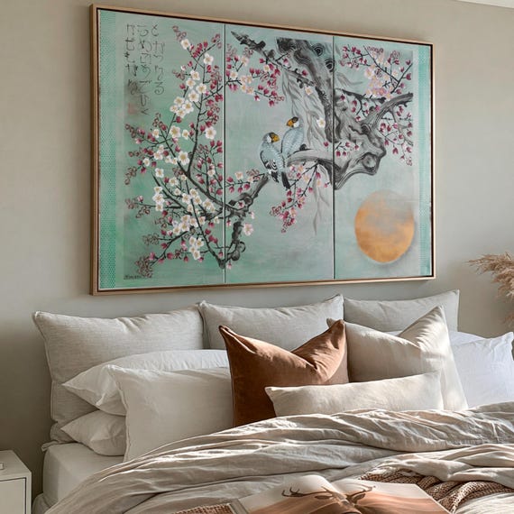 Japanese sakura J289 - silver green triptych, original acrylic painting, japanese style paintings by artist Ksavera
