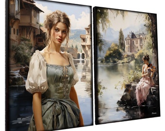Belle Epoque DS0656 by artist Ksavera - set of 2 giclee prints on stretched canvas, black or gold edges. READY to HANG - diptych, portrait