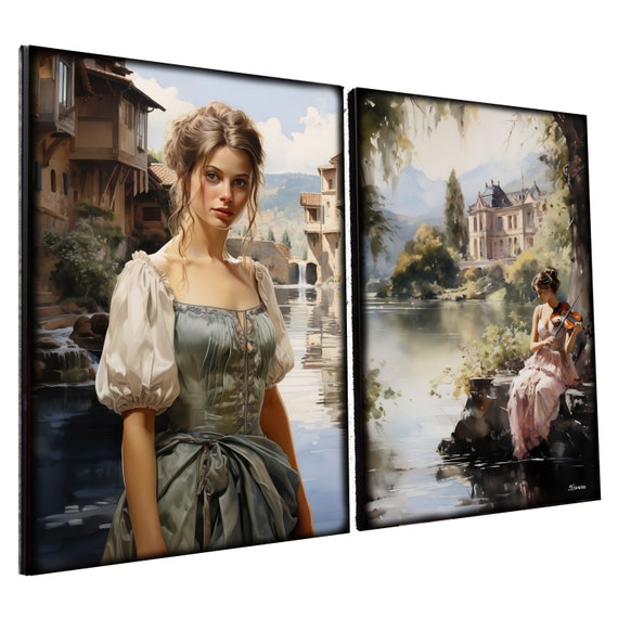 Belle Epoque DS0656 by artist Ksavera - set of 2 giclee prints on stretched canvas, black or gold edges. READY to HANG - diptych, portrait