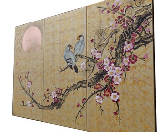 Japanese sakura J352 - gold triptych, original art, cherry blossoms, japanese style paintings by artist Ksavera