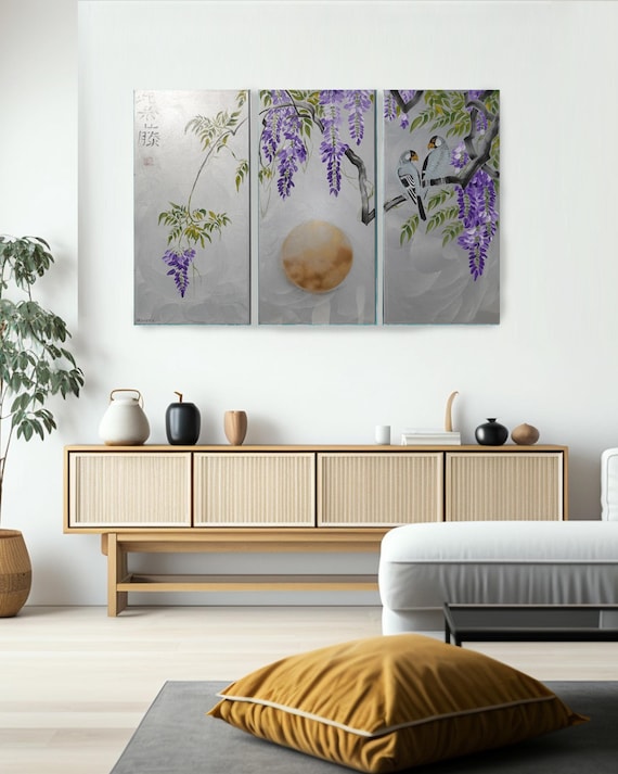 Japanese lilac wisteria and love birds J221 - large silver triptych, original art, japanese style paintings by artist Ksavera