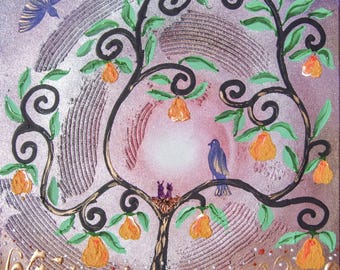 Canvas Wall Art B014 Love Birds Nest on Pear Tree - Metallic Acrylic Painting