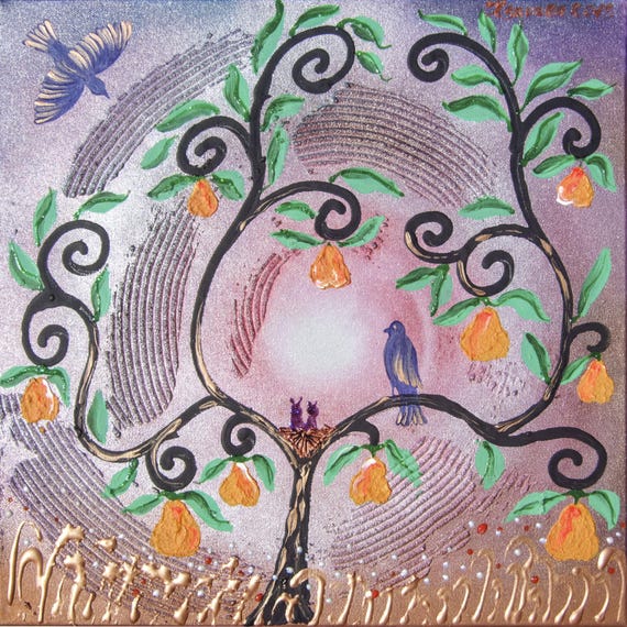 Canvas Wall Art B014 Love Birds Nest on Pear Tree - Metallic Acrylic Painting