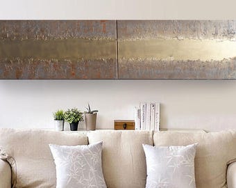 Gold & Rusty Iron Abstract textured painting A447 long modern Acrylic Contemporary Art for Lounge, Office or above sofa by artist Ksavera