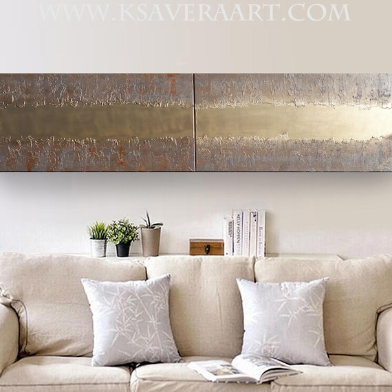 Gold & Rusty Iron Abstract textured painting A447 long modern Acrylic Contemporary Art for Lounge, Office or above sofa by artist Ksavera