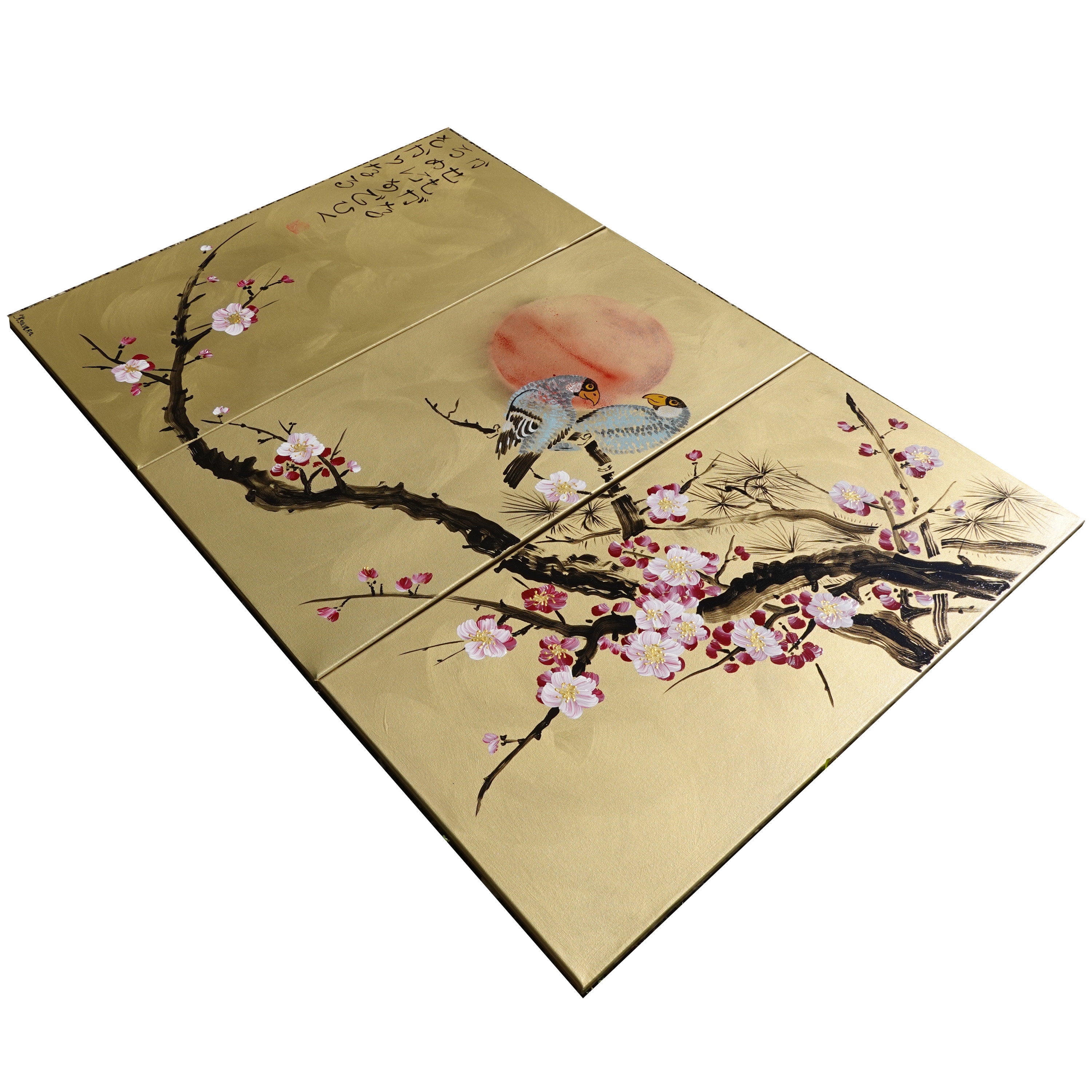 Japanese painting sakura branch sun and birds Japan Hieroglyph original  artwork in japanese style J181 wall art by artist Ksavera