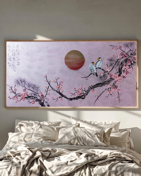 Japanese Birds Painting J527 Cherry Blossoms on Large Canvas by Ksavera