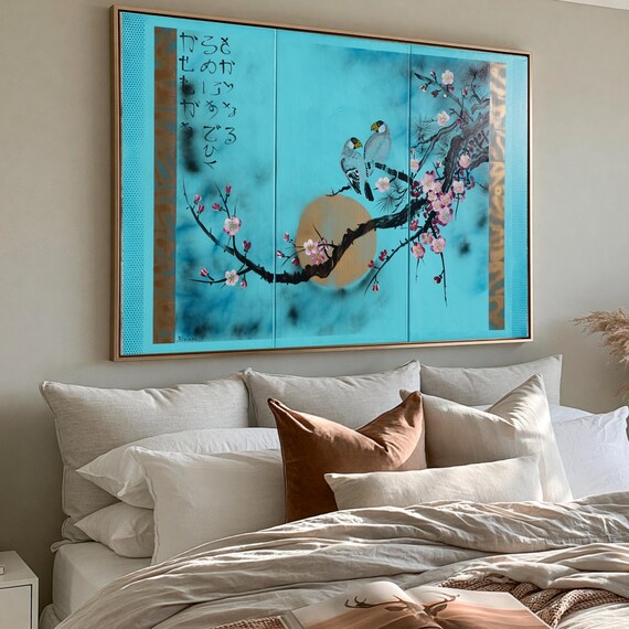 Japan art cherry blossom and love birds Japanese style painting J238 Large paintings acrylic paintings blue wall art by artist Ksavera