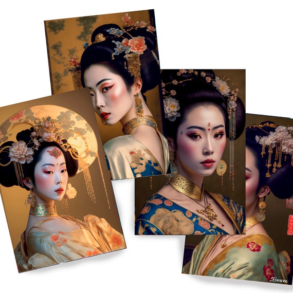 Japanese geisha DS0134 by Ksavera - Digital print set of 4 - synthography fine art prints - Printed on glossy premium fine art photo paper