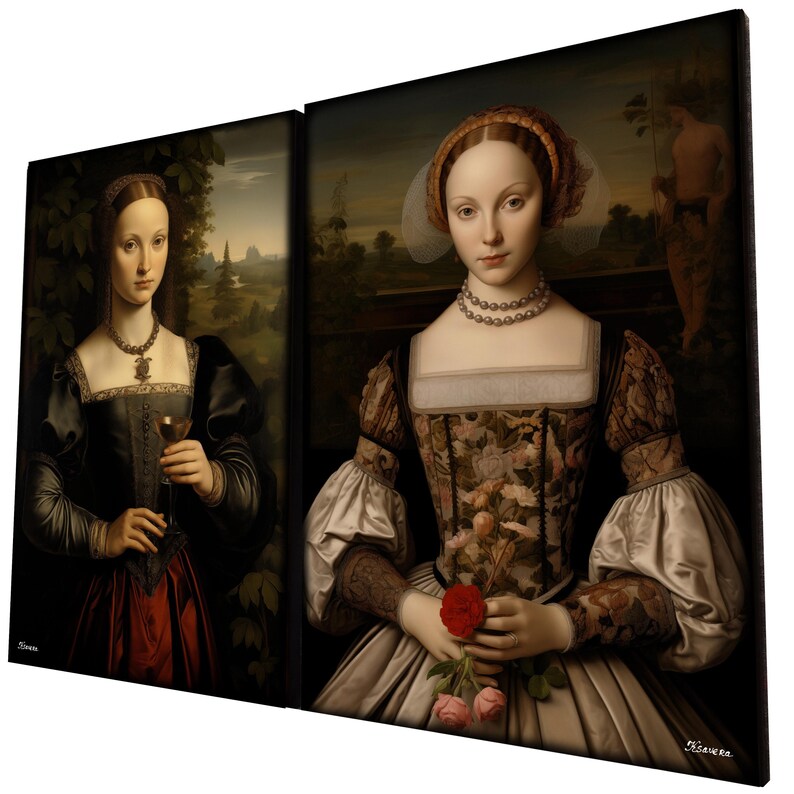 The image is a collage of two paintings depicting two women in elaborate, ornate dresses. The woman on the left is holding a wine glass, while the woman on the right is holding a bouquet of flowers.