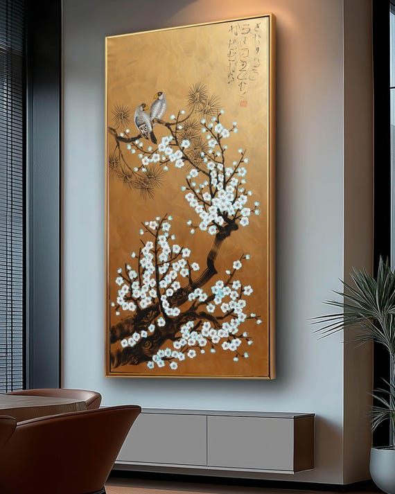 Love Birds and Sakura J501 — gold Japanese Painting | Large Original Acrylic on Canvas | Ksavera