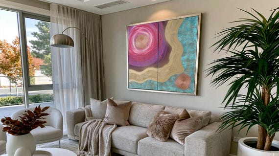 Abstract Diptych Painting A150 Teal, Gold & Purple Signed Original by Ksavera