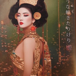 A woman with dark hair and makeup wearing an elaborate gold and red floral dress poses against a green background with Japanese text.