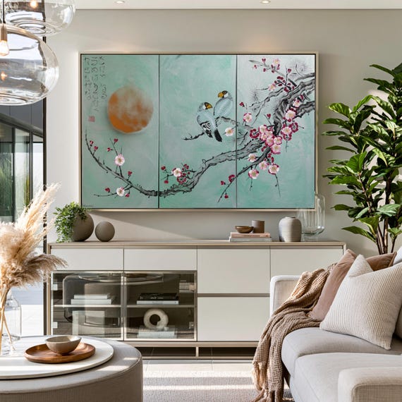 Cherry blossom and love birds - Japanese style painting J317 Large green japandi wall art - acrylic on stretched canvas by artist Ksavera