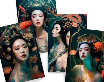 Japanese geisha DS0208 by Ksavera - Digital print set of 4 - synthography fine art prints - Printed on glossy premium fine art photo paper