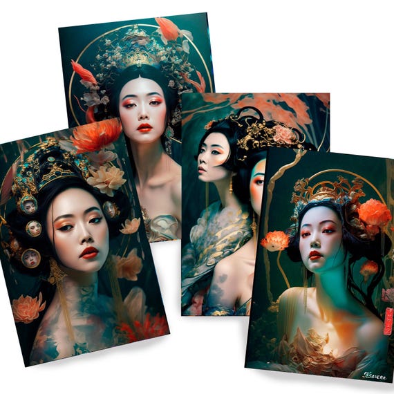 Japanese geisha DS0208 by Ksavera - Digital print set of 4 - synthography fine art prints - Printed on glossy premium fine art photo paper