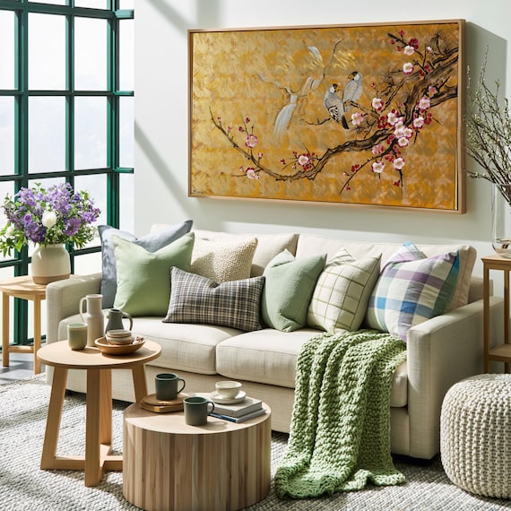 Japandi Wandbild mit Liebesvögeln J208 | Großes Acrylbild auf Leinwand | Ksavera