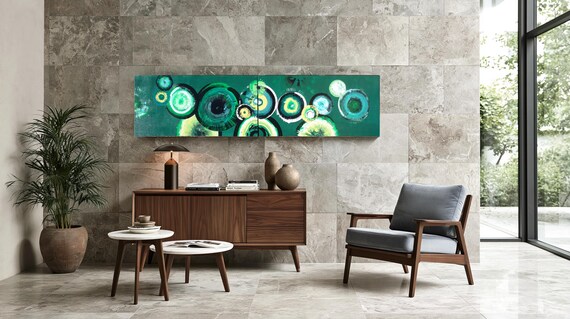 Emerald Lime Green Abstract Art A050 Circles Diptych on Canvas by Ksavera